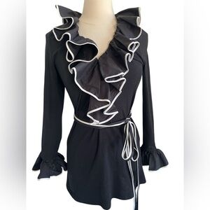 Anne Fontaine Black Ruffled frill long sleeve Blouse w/white trim detail & belt
